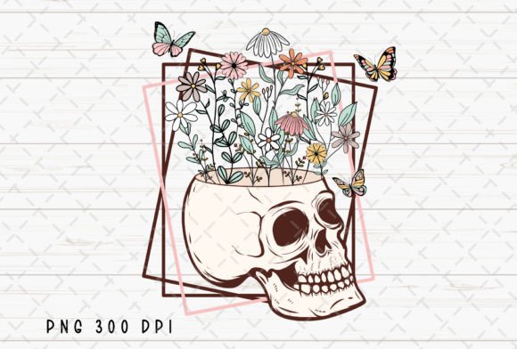Retro Floral Skull Flowers Skeleton PNG: Bold Design Asset