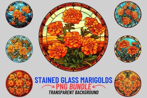 Stained Glass Marigolds 12 PNG Clipart: Vibrant Design Assets