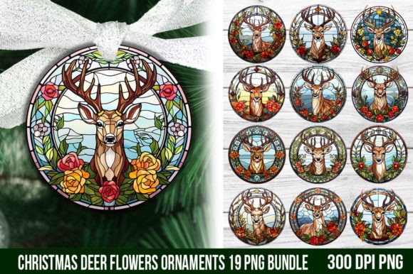 Stained Glass with Christmas Deer Flower: A Festive Design Asset