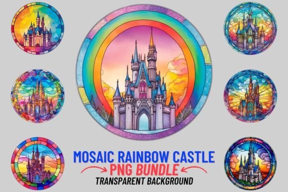Unlocking Fantasy: The Stained Glass Rainbow Castle 12 PNG Bundle